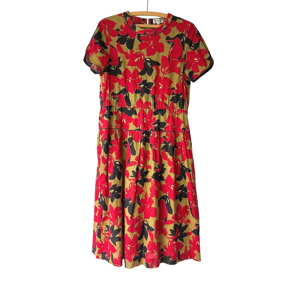 Vintage Retro Rosse Japanese Silk Linen Hemp Floral Midi Dress Red Gold Sz 38 M